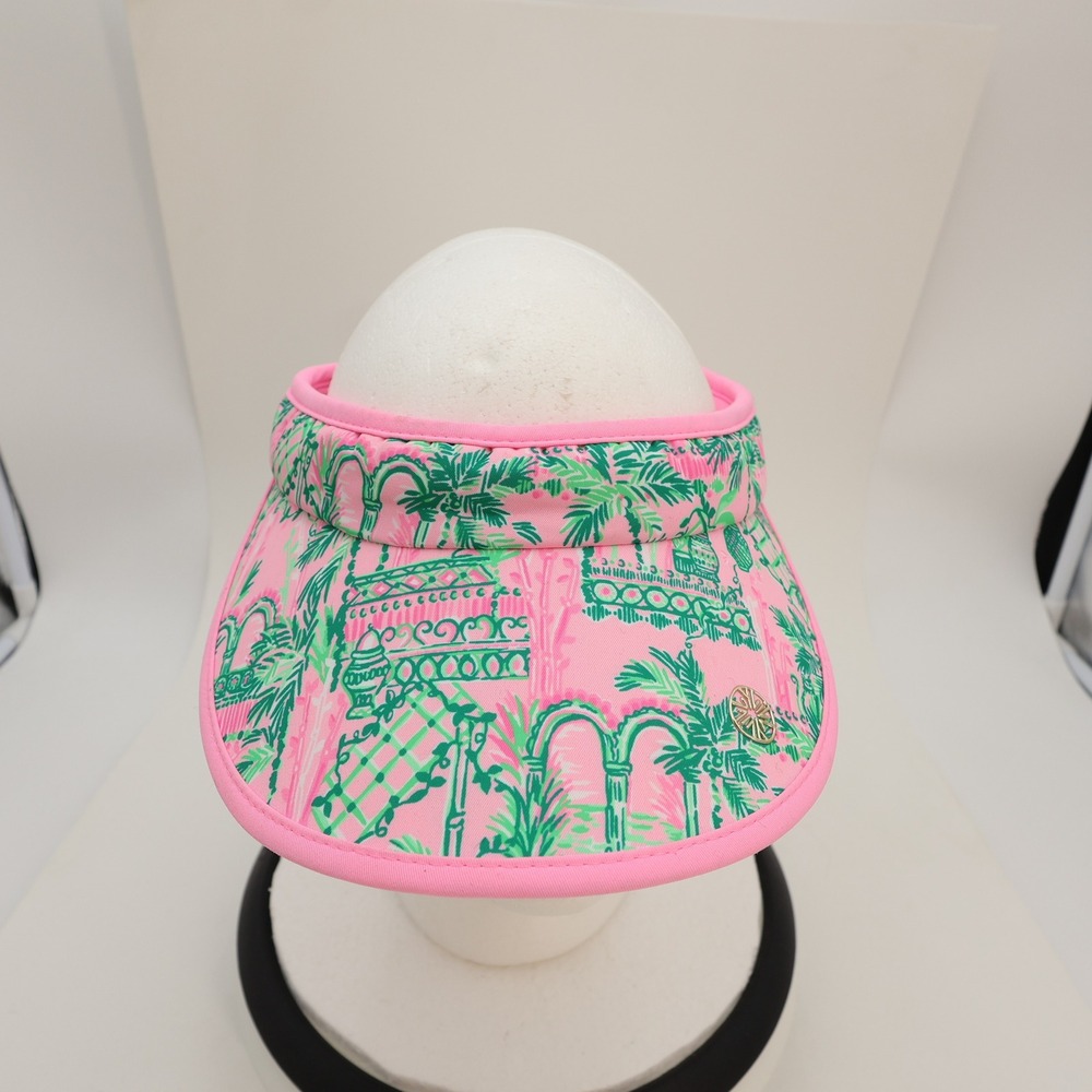 Lilly Pulitzer Pink Green Palm Tree Print Sun Visor Hat with Coil Back Worth It
